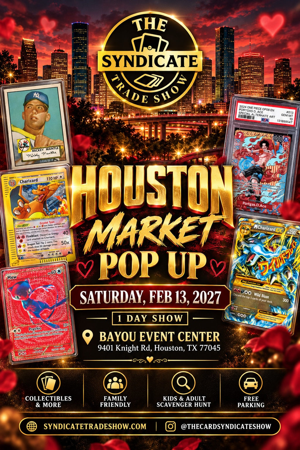Official full Valentine flyer — Houston Market Pop-Up, February 13, 2027, Bayou Event Center, 9401 Knight Rd, Houston, TX 77045